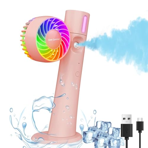 Gofemial Ventilador Portátil USB con 3 Velocidades, 3 en 1 Pulverizador de Agua, 34ml, Silencioso, RGB, Recargable, Batería