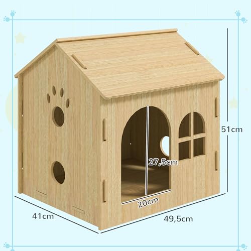 PawHut Hundehütte mit Fenster, Katzenhaus mit niedliches Pfoten-Design, Montage ohne Schrauben, für kleine Hunde unter 4 kg, Indoor, 49,5 x 41 x 51 cm, Eiche