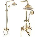 gotonovo Bathroom Exposed Shower Faucet Outdoor Shower System 8 Inch Rainfall Shower Head Set with Tub Spout and Handheld Spray Double Cross Handles Wall Mount without Shower Shelf Polished Gold