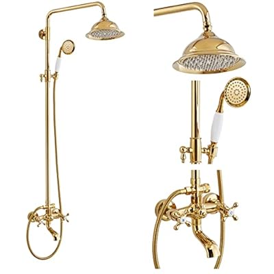 gotonovo Bathroom Exposed Shower Faucet Outdoor Shower System 8 Inch Rainfall Shower Head Set with Tub Spout and Handheld Spray Double Cross Handles Wall Mount without Shower Shelf Polished Gold