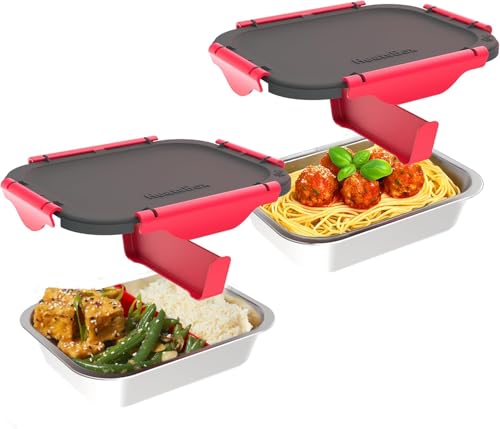 Faitron Inner Dish Set of 2, leak-proof stainless steel bowls with divider (925 ml), transport lid, temperature-stable up to 200 °C, suitable for HeatsBox Style and Style+, WFH10, Stainless Steel Look