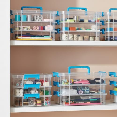 Image of plastic boxes for Storage transparent boxes for storage, Portable & Stackable Space Saving Organiser with Lid for Medicine, Jewelry, Arts & Crafts, Buttons, Beads (Blue, 2 TIER)