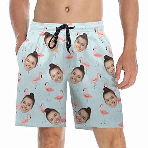 Custom Flamingo Men's Swim Trunks with Face Personalized Board Shorts for Men,Beach Swim Shorts Summer Swimwear Photo Gifts