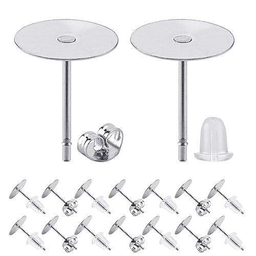 BEADNOVA Earring Hardware 180pcs 8mm Stainless Steel Earring Posts Flat Pad Ear Stud with Clear Rubber and Butterfly Stud Backs for Jewelry Making Ear Post DIY (8mm Total 180pcs)