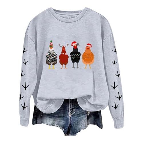 Weihnachts Sweatshirt Für Damen Übergröße Langarmshirt Mit Weihnachtshähnchen Print Hühnerdruck Rundhalsausschnitt Leichtes Lockeres Oberteil...
