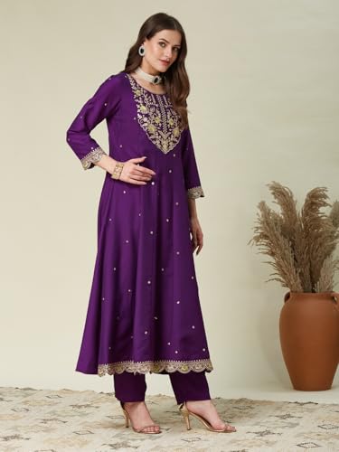 Image of MOKOSH Women's Silk Anarkali Kurta Pant with Dupatta | Anarkali Kurta Set | Round Neck 3 /4 Sleeve | 3 Piece Outfit | Indian Kurta Outfit With Palazzo Pant | Embroidered