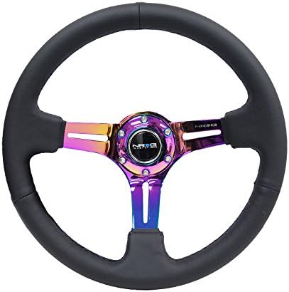 NRG Innovations NRG-RST-018R-MCBS Reinforced Steering Wheel 350mm 75mm Deep Sport Steering Wheel Leather (3" Deep) Black Stitch With Slits In Neochrome Double Riveted Spokes