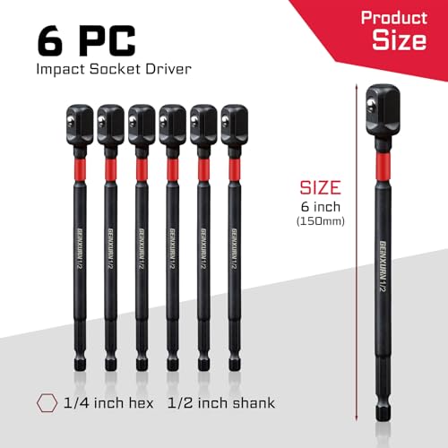 Image of Geinxurn 6Pcs Impact Socket Adapter Set,1 /2 inch Drive Square, 6 Inches Extension Bit Socket Sriver Set,Adapt Your Power Drill to High Torque Impact Wrench