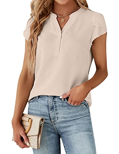 Blooming Jelly Women's Dressy Casual Tops Business Work Blouses 2026 Summer Button Down Shirts Cute Short Sleeve V Neck Outfit (Apricot,Large)