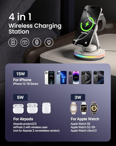 3 in 1 Wireless Charging Station,Mag-Safe Charger Stand,Fast Wireless Charger Stand Compatible with iPhone 16/15/14/13/12/Pro/Pro Max/Mini,Phone and Watch Charger Stand for Apple Watch,Airpods(White) - Image 2