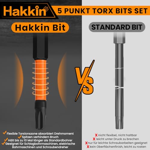 5 Punkt Torx Schraubendreher Bits Set 19 Stück Hakkin Spezial Schraubendreher 5 Point Torx Bit Set Lang 1/4” Screwdriver Bit Set 5 Stern mit Loch 60mm 25mm T10 T15 T20 T25 T27 T30 T40 T45 T50