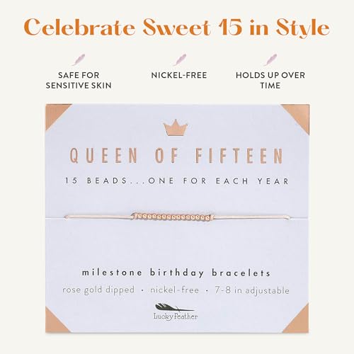 Lucky Feather Quinceanera Gifts For 15 Year Old Girl | 15th Birthday Bracelet With 14k Dipped Beads Adjustable Cord Milestone Gift | Trendy 15 Year Old Girl Gifts | recuerdos para 15 años quinceañeras4