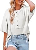 Dokotoo Womens Oversized Waffle Knit Tops for Women 2026 Trendy Casual Summer Henley Shirts Short Sleeve Button Up Crewneck Blouses Fashion Solid Color Work Splicing Business Top White Large
