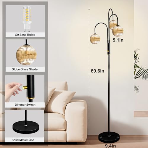 Image of Lightdot 70IN Dimmable Floor Lamp for Living Room, 3 Light LED Tree Floor Lamps with Glass Globe Shade& Bulb Included, Mid Century Standing Tall Lamp with 5Lbs Heavy Base for Bedroom /Sofa Beside-Black