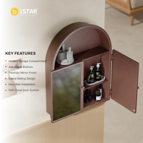 Image of iSTAR Wall Mounted Storage Mirror Cabinet, Bathroom Wall Mirror with Storage Shelf Mirror with Hidden Cabinet Organizer | Modern Wall Mounted for Bathroom, Bedroom, Washbasin (Brown)
