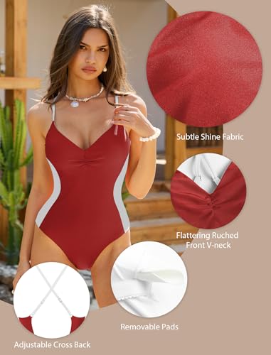 ZAFUL Red Sexy One Piece Swimsuit Women Tummy Control, Slimming V Neck Bathing Suit Color Block Swimwear Waist Cinching Swimsuit Corset Swimsuits M — view 4