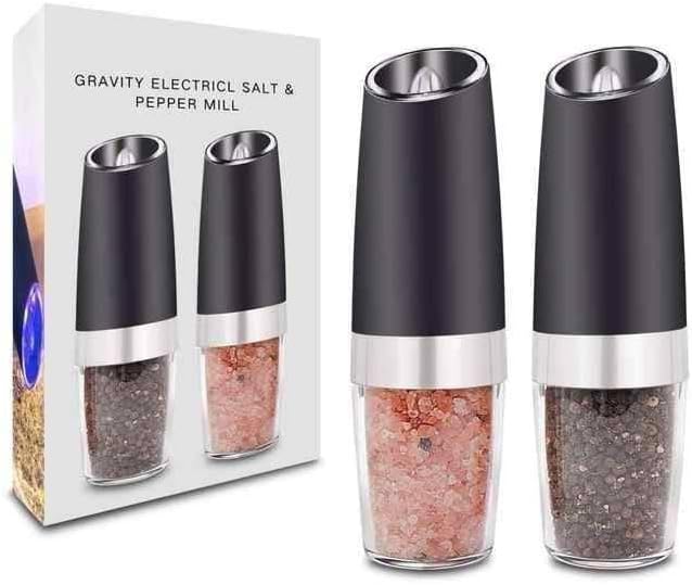 Juego de 2 molinillos eléctricos de pimienta por gravedad, molinillo automático de sal y pimienta, rugosidad ajustable, funciona con pilas, luz LED