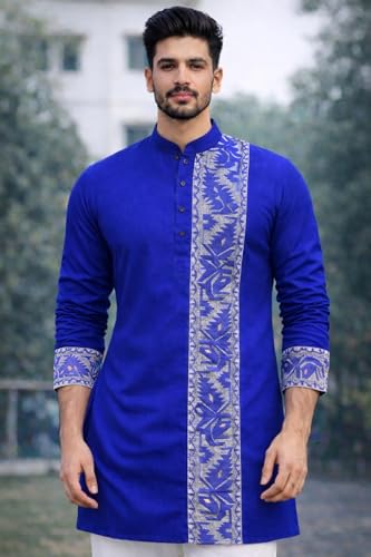 Image of Men's Cotton Jamdani Kurta for Festive, Casual Wear | Traditional Bengali Style Long Kurta | S to XL Size | White, Yellow, Blue Color Options