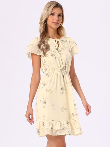 Image of Allegra K Women's Ruffle Sleeve Self-Tie V Neck Flowy Ruffled A-Line Floral Chiffon Dress
