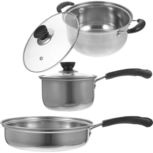 WEKADRIN Batería de Cocina de Acero Inoxidable con Olla para Sopa Cazo Sartén de Mango Ergonómico Resistente para Cocina de Gas Eléctrica y Fuego Abierto