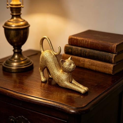 Chat étiré doré résine finition unie statuette decorative maison
