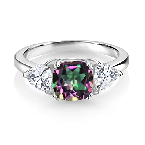 925 Sterling Silver Gemstone Birthstone and White Moissanite 3-Stone Engagement Ring for Women | 7MM Cushion and 5MM Trillion Accents | Three Stone Promise Anniversary Wedding Ring | Sizes 5-92