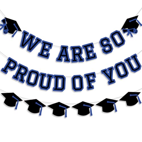 Image of We Are So Proud Of You Banner Graduation Party Decorations Congrats Grad Cap Garlands Wall Sign Blue Black