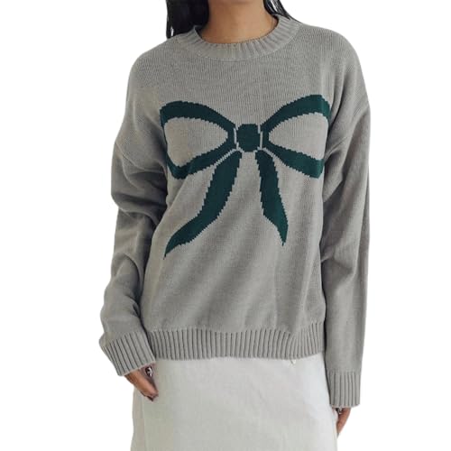 Image of Women Cute Bow Knit Sweater Y2k Long Sleeve Crew Neck Knitted Pullover Top Oversized Going Out Fall Winter Knitwear