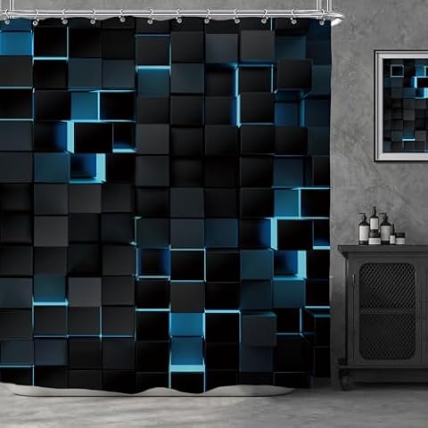 Riyidecor Blue Black Shower Curtain 72Wx72H Inch Abstract Navy Brick Modern 3D Gradient Designer Futuristic Cubes Geometric Plaid Mens Cool Bathroom Decor Fabric Polyester Waterproof 12 Pack Hooks Cover
