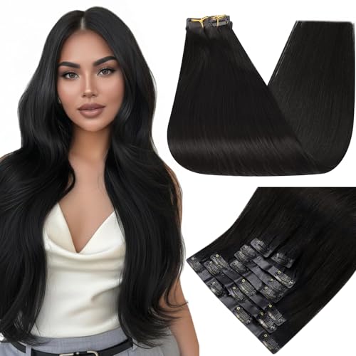 Image of Full Shine Seamless Clip in Hair Extensions Real Human Hair,Black 18 Inch | Invisible PU Weft, Nature Black Remy Hair Extension Clip ins, Full Voluminous Long Hair, 120g 8Pcs