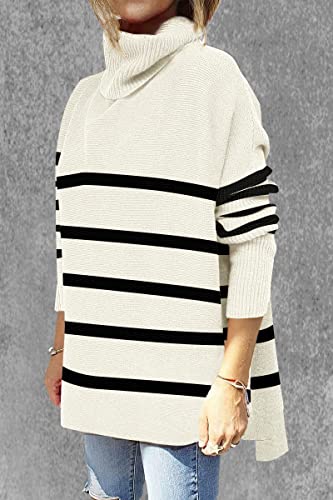 OU MgCE FAST FASHION Women's Turtleneck Oversized Sweaters, Ladies Fall Long Batwing Sleeve Split Hem Casual Asymmetric Pullover Sweater Knit Black Striped Tops S — view 2