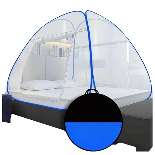 Image of King Size pop up Mosquito net for Double Queen Bed | Heavy Duty 30 GSM Polyester Fabric | Corrosion Resistant Steel Frame | Foldable Tent Style machardani with Dual Zipper | Blue