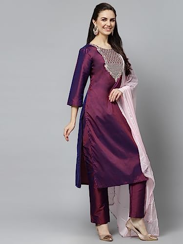 Image of LookMark Women's Art Silk Purple 3 /4 Sleeve Straight Kurta with Pant and Light Pink Color Dupatta(KS2065-S )