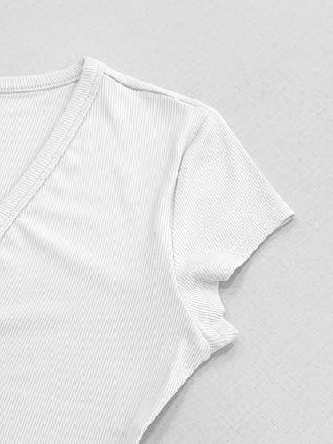 Image of Albe Rita Women Short Sleeve T-Shirt Cap V Neck Shirts for Women Ribbed Casual Top Knit Slim Fit for Summer