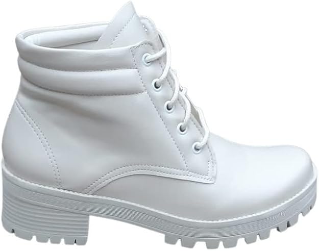 Bota Feminina Coturno Botinha Off White Cano Baixo Salto Médio Tratorada
