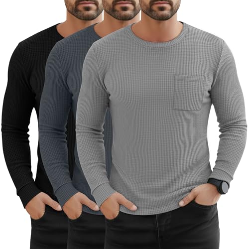 August Alley 3 Pack Men's Waffle Long Sleeve Shirts Crew Neck Thermal Patch Pocket Underwear Tops Casual Pullover Layer(Black, Dark Gray, Gray,Large)