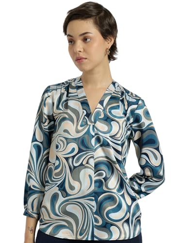 Image of FableStreet Women Formal & Casual Top | V-Neckline with Gathered Back Detail & Three-Quarter Sleeves | Premium Satin Fabric for Office Wear & Sophisticated Outings