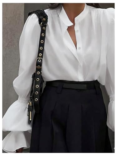 SweatyRocks Women's Puff Sleeve Button Down Shirt Vintage Loose Fit Blouse Dressy Casual Tops3