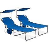 GYMAX Folding Chaise Longue, Adjustable Beach Chair with Canopy Sun Shade & Side Pockets, Heavy Duty...