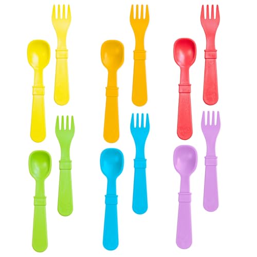 Image of Re-Play Toddler Forks and Spoons Set - 6x6 Utensils Set for Kids - Dishwasher and Microwave Safe - Made in USA - Set of 12-5.8" x 1.2" x 0.2" - Crayon Box