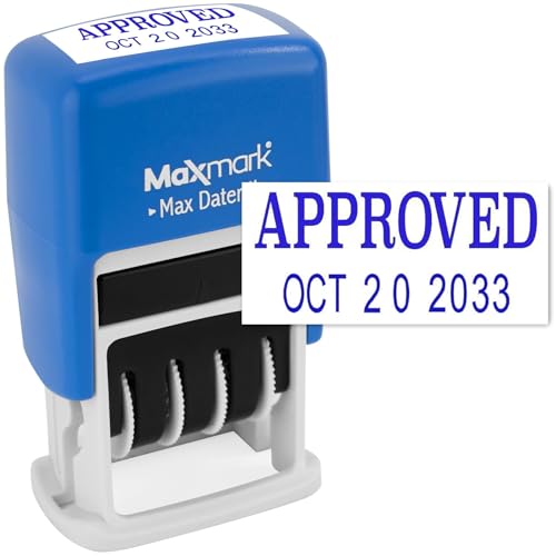 MaxMark Self-Inking Rubber Date Office Stamp with Approved Phrase & Date - Blue Ink (Max Dater II), 12-Year Band