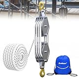 FITHOIST Block and Tackle 2200 lbs, 4400 LBS Breaking Strength Heavy Duty Pulley, 65 Ft 3/8' Rope Pulley, 7:1 Lifting Power Pulley System, Pulley Hoist for Animal Husbandry, Warehouses, Constructions