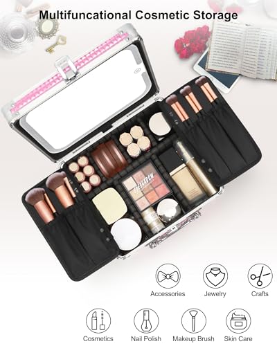 Image of Relavel Makeup Bag with LED Mirror, Makeup Box Travel Train Case with Rechargeable Lighted Mirror, Cosmetic Brush Organizer Storage for Makeup Artists Gifts for Women and Girls, Pink
