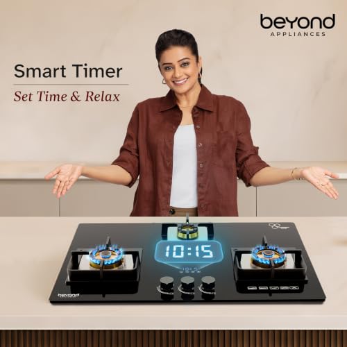 Image of Beyond Appliances Dorado 3 Burner Smart Glass Hobtop Gas Stove | Auto Ignition | Digital Timer | Flame Failure Device | Toughened Glass | LPG & PNG Compatible