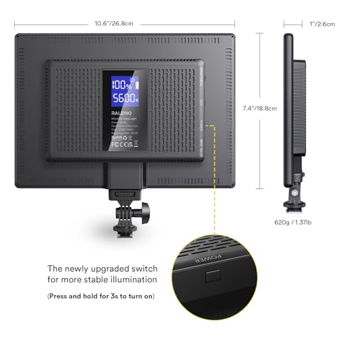 Image of RALENO Led Video Light, Camera Camcorder Photo Light Panel with LCD Display Built-in Lithium Battery Dimmable 3300K-5600K Bi-Color CRI 95+ Ultra-Thin Lighting for YouTube Video Portraits Shooting
