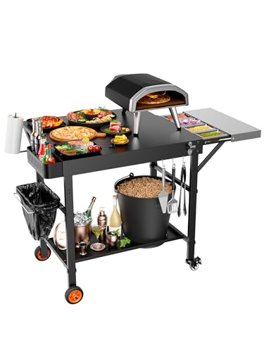 Outdoor Pizza Oven Table, Movable Grill Side Table, Expansive Countertop Pizzas Oven Accessories, Pizzas Stands for Party with Wheels, Fits Ooni Blackstone Ninja Cuisinart Gozney
