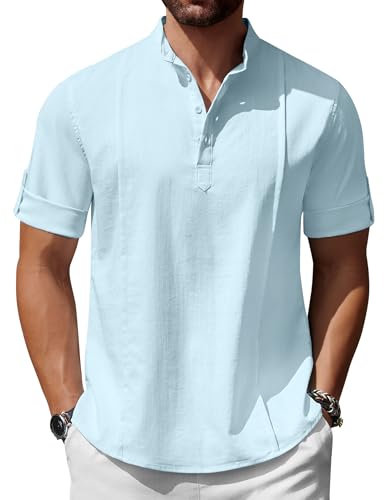 COOFANDY Men's Casual Beach T-Shirts Short Sleeve Henley Pullover Linen Button Down Shirts Fashion Summer Tops Clothing Blue