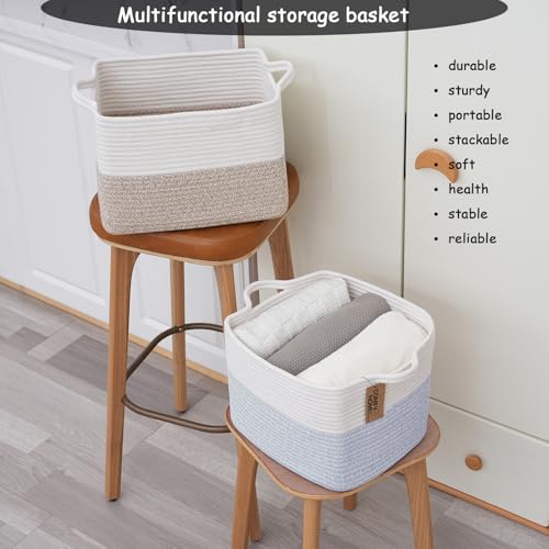Image of COMFY-HOMI 3PACK Cotton Rope Square Baske with Handles for Shelves|Dog Toy Baske Bin and Storage|Baby Baske for Gift|Shoe Baske for Organizing|13.5 inch x 11 inch x 9.5 inch for Living Room(White /Blue)