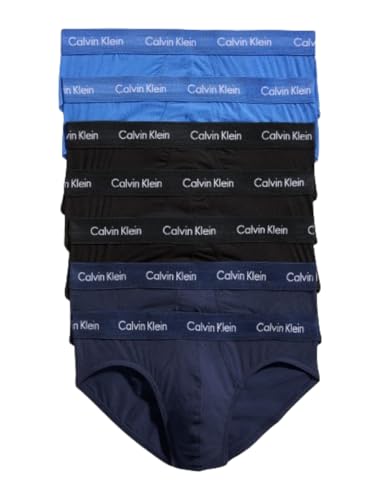 Calvin Klein Herren-Unterwäsche, Baumwoll-Stretch, 7er-Pack Hüftslip, 3 x Schwarz, 2 x Blauer Schatten, 2 x Kobalt-Wasser 1