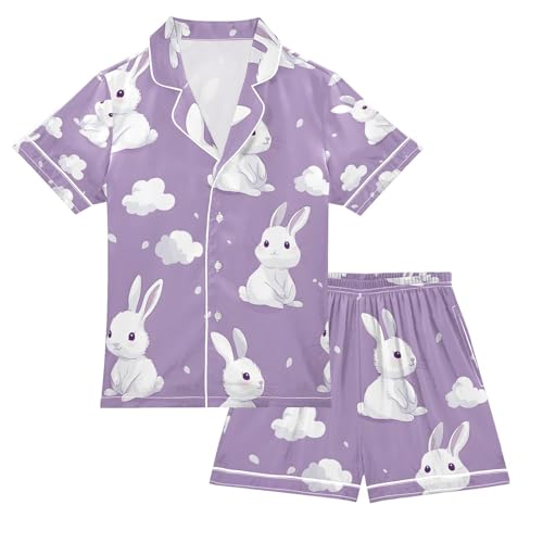 senya Cloud with Rabbit Purple Satin Summer Pajama Sets Silk Short Sleeve Button Down Sleepwear
